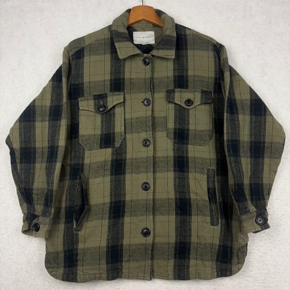 Lucky Brand Mens Small Green Black Plaid Cotton Shacket Shirt Jacket 7WD3349
